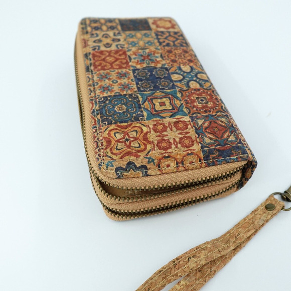 Cork Wristlet Wallet Medium Moroccan Print Vegan Purse Boho Chic - Picture 7 of 9